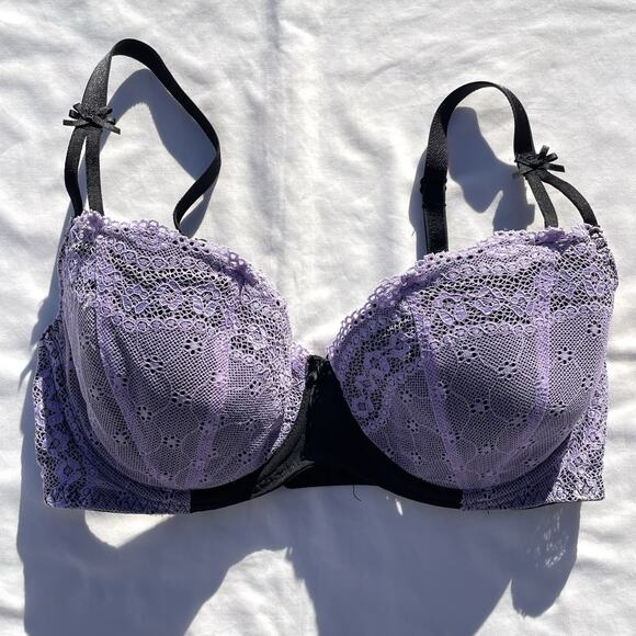 Betsey Johnson Y2K Bra 34D Purple Black Lace Underwire - Picture 1 of 6